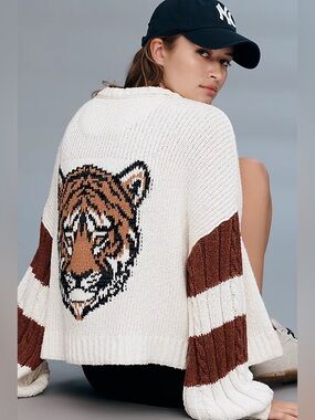 Anthropologie Pilcro Cable-Knit Tiger Zip-Up Sweater (Size S)